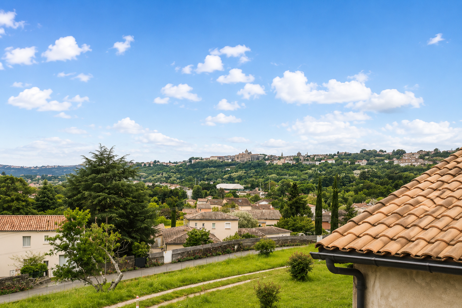 Vue paysagère sur la ville d'Aubenas, tuiles et ciel bleu