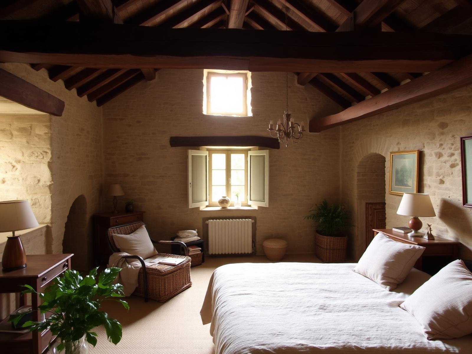 Intérieur chaleureux d'une maison de pierre restaurée